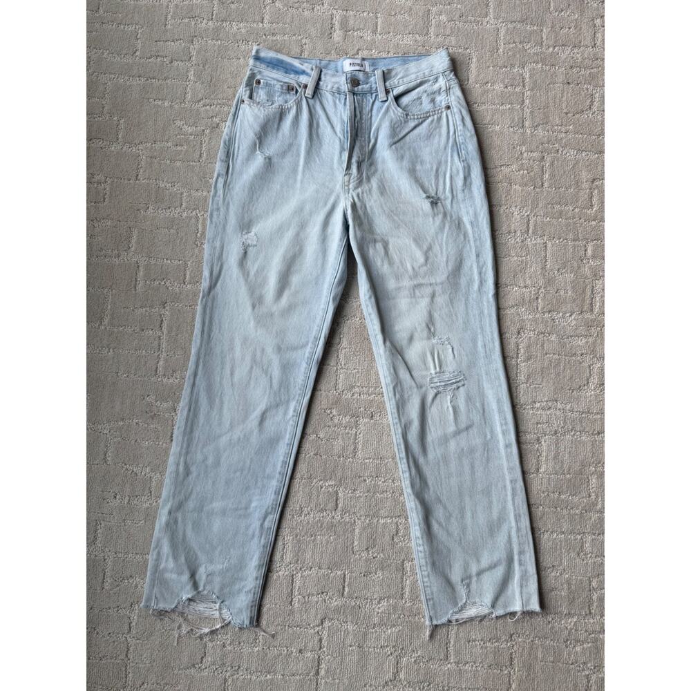 Pistola Charlie High Rise Straight Leg Jeans Frayed Hem Light Wash Cotton